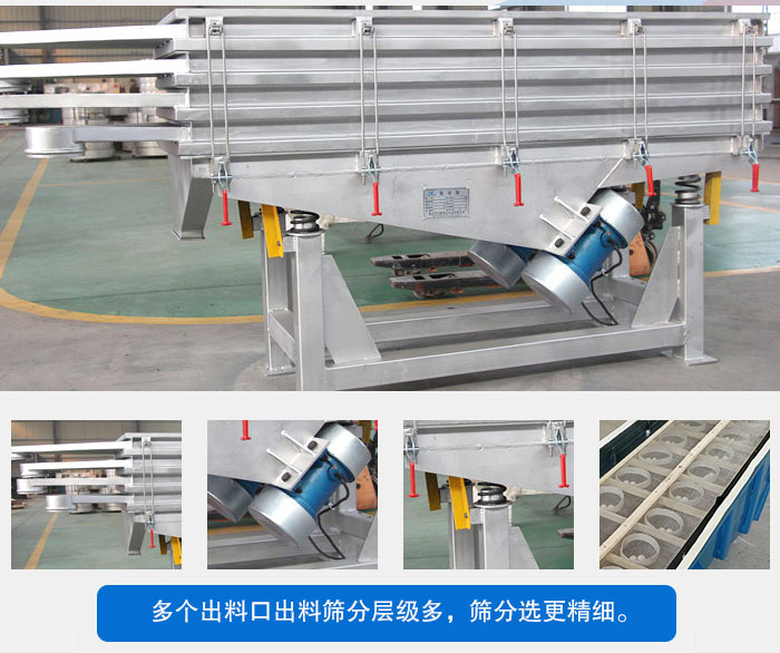 多層直線振動篩結構優勢：出料口多層選擇，振動電機，震動彈簧減輕振動體的磨損，彈跳球和擋球環。